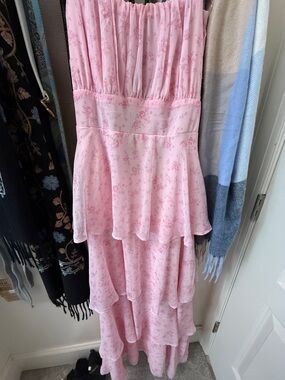 Pink Floral Tiered Strapless Maxi Dress